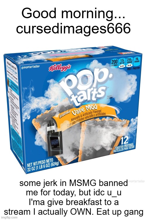 who needs those guys??? | Good morning... cursedimages666; some jerk in MSMG banned me for today, but idc u_u I'ma give breakfast to a stream I actually OWN. Eat up gang | image tagged in memes,cursed image,pop tarts,vape,breakfast,yum | made w/ Imgflip meme maker