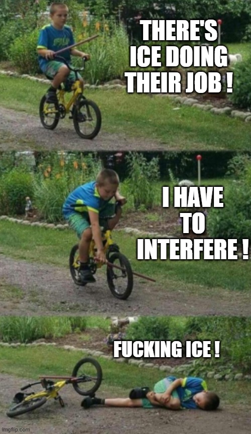 Bike stick kid, real life | THERE'S ICE DOING THEIR JOB ! I HAVE TO INTERFERE ! FUCKING ICE ! | image tagged in bike stick kid real life | made w/ Imgflip meme maker