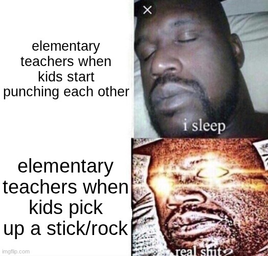 {dangerous weapon detected} | elementary teachers when kids start punching each other; elementary teachers when kids pick up a stick/rock | image tagged in i sleep real shit,memes,meme,fun | made w/ Imgflip meme maker