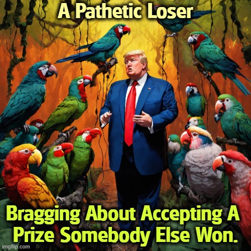 Nobel Prizes do not go to people just because they campaign for it themselves. There are rules about such things. | A Pathetic Loser; Bragging About Accepting A 
Prize Somebody Else Won. | image tagged in trump,pathetic,loser,nobel prize,venezuela,norway | made w/ Imgflip meme maker