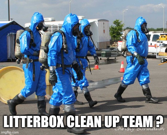 Hazmat Team | LITTERBOX CLEAN UP TEAM ? | image tagged in hazmat team | made w/ Imgflip meme maker