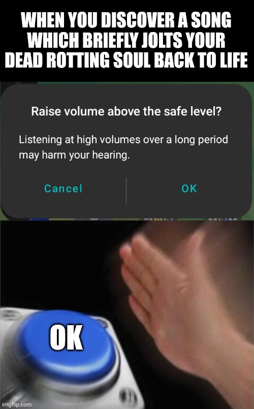 WHEN YOU DISCOVER A SONG WHICH BRIEFLY JOLTS YOUR DEAD ROTTING SOUL BACK TO LIFE; OK | image tagged in memes,blank nut button | made w/ Imgflip meme maker