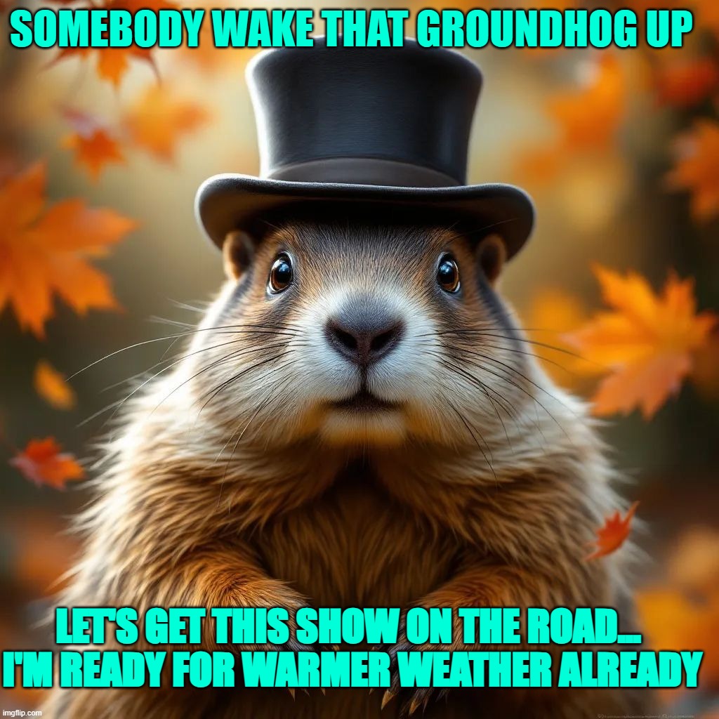 SOMEBODY WAKE THAT GROUNDHOG UP; LET'S GET THIS SHOW ON THE ROAD... 
I'M READY FOR WARMER WEATHER ALREADY | image tagged in groundhog | made w/ Imgflip meme maker