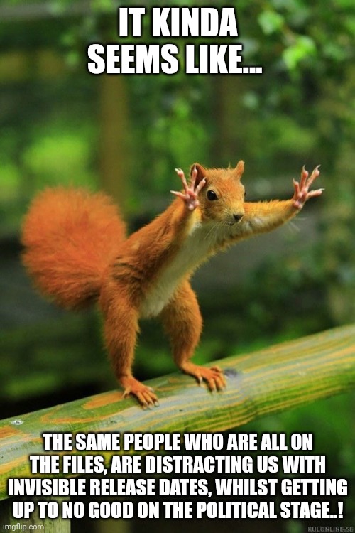 IT KINDA SEEMS LIKE... THE SAME PEOPLE WHO ARE ALL ON THE FILES, ARE DISTRACTING US WITH INVISIBLE RELEASE DATES, WHILST GETTING UP TO NO GO | image tagged in wait a minute squirrel | made w/ Imgflip meme maker
