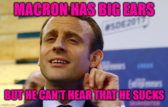 MACRON | MACRON HAS BIG EARS; BUT HE CAN'T HEAR THAT HE SUCKS | image tagged in macron | made w/ Imgflip meme maker