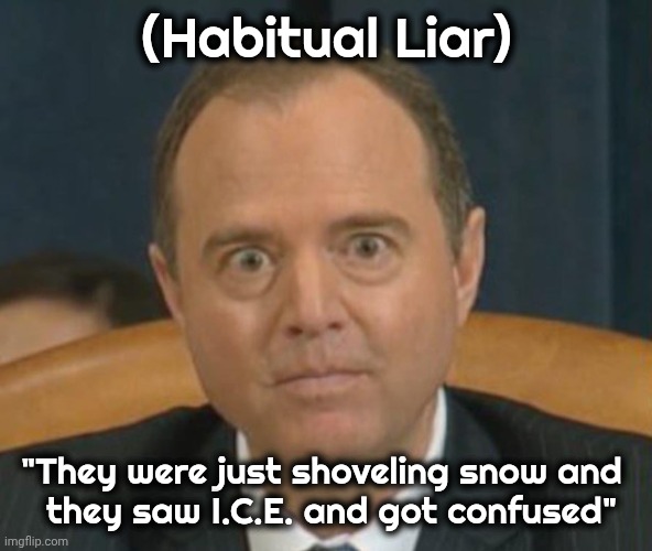 Crazy Adam Schiff | (Habitual Liar) "They were just shoveling snow and 
 they saw I.C.E. and got confused" | image tagged in crazy adam schiff | made w/ Imgflip meme maker