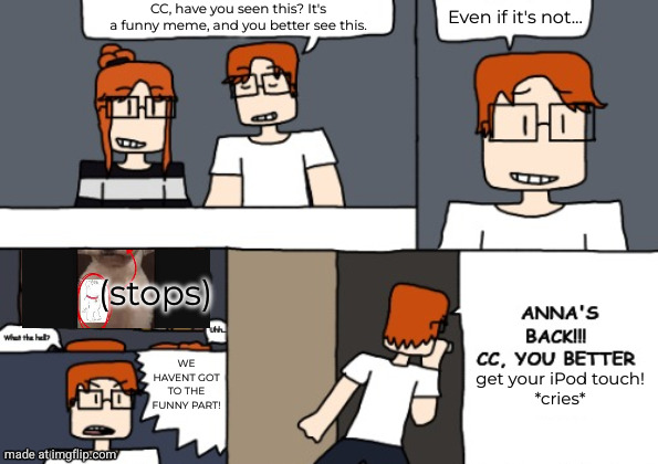 Anna vs iPod touch meme | CC, have you seen this? It's a funny meme, and you better see this. Even if it's not... (stops); WE HAVENT GOT TO THE FUNNY PART! get your iPod touch!
*cries* | made w/ Imgflip meme maker