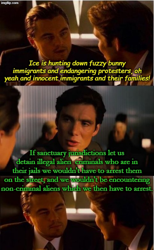 Classic liberal solutions making things worse. Illegal families aren't being swept up in Red States like they are Blue States | Ice is hunting down fuzzy bunny immigrants and endangering protesters, oh yeah and innocent immigrants and their families! If sanctuary jurisdictions let us detain illegal alien  criminals who are in their jails we wouldn't have to arrest them on the street, and we wouldn't be encountering non-criminal aliens which we then have to arrest. | image tagged in memes,inception | made w/ Imgflip meme maker