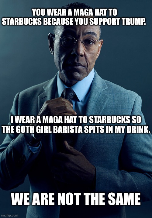 Gotta love the goth girl baristas | YOU WEAR A MAGA HAT TO STARBUCKS BECAUSE YOU SUPPORT TRUMP. I WEAR A MAGA HAT TO STARBUCKS SO THE GOTH GIRL BARISTA SPITS IN MY DRINK. WE ARE NOT THE SAME | image tagged in gus fring we are not the same,starbucks,starbucks barista,goth,spit,coffee | made w/ Imgflip meme maker