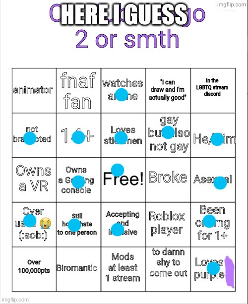 Bingo (idk why I keep doing these but here) | HERE I GUESS | image tagged in os bubububingooo | made w/ Imgflip meme maker