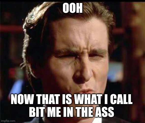 Christian Bale Ooh | OOH NOW THAT IS WHAT I CALL 
BIT ME IN THE ASS | image tagged in christian bale ooh | made w/ Imgflip meme maker