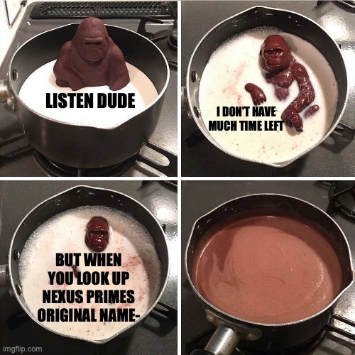 hehehehehehehe | LISTEN DUDE; I DON'T HAVE MUCH TIME LEFT; BUT WHEN YOU LOOK UP NEXUS PRIMES ORIGINAL NAME- | image tagged in chocolate gorilla | made w/ Imgflip meme maker