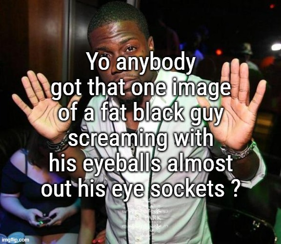 pls thank you | Yo anybody got that one image of a fat black guy screaming with his eyeballs almost out his eye sockets ? | image tagged in kevin hart hands up | made w/ Imgflip meme maker