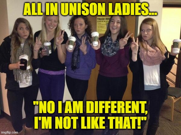 ALL IN UNISON LADIES... ''NO I AM DIFFERENT, I'M NOT LIKE THAT!'' | made w/ Imgflip meme maker