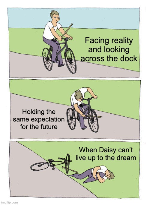 Bike Fall | Facing reality and looking across the dock; Holding the same expectation for the future; When Daisy can’t live up to the dream | image tagged in memes,bike fall | made w/ Imgflip meme maker