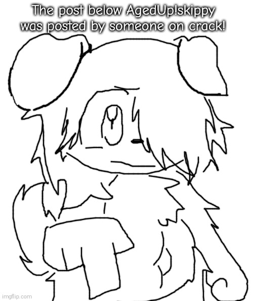 Skippy my beloved (19 year old skippy meme) | The post below AgedUp!skippy was posted by someone on crack! | image tagged in baby felix and friends,skippy,shitpost | made w/ Imgflip meme maker