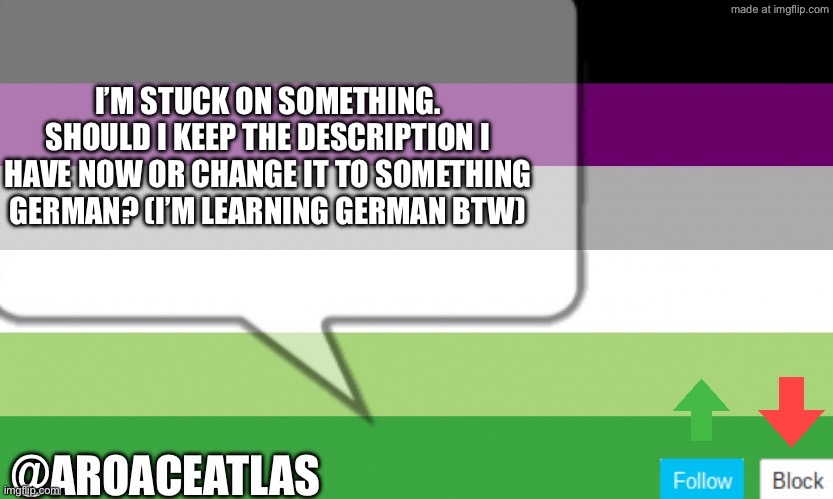 Aroaceatlas announcement template | I’M STUCK ON SOMETHING. SHOULD I KEEP THE DESCRIPTION I HAVE NOW OR CHANGE IT TO SOMETHING GERMAN? (I’M LEARNING GERMAN BTW) | image tagged in aroaceatlas announcement template | made w/ Imgflip meme maker