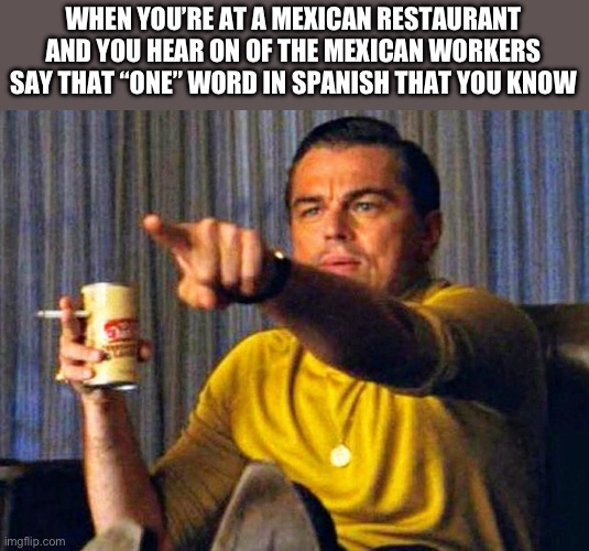 Leonardo Dicaprio pointing at tv | WHEN YOU’RE AT A MEXICAN RESTAURANT AND YOU HEAR ON OF THE MEXICAN WORKERS SAY THAT “ONE” WORD IN SPANISH THAT YOU KNOW | image tagged in leonardo dicaprio pointing at tv | made w/ Imgflip meme maker
