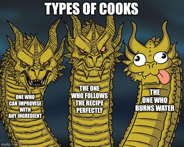 Three-headed Dragon | TYPES OF COOKS ONE WHO CAN IMPROVISE WITH ANY INGREDIENT THE ONE WHO FOLLOWS THE RECIPE PERFECTLY THE ONE WHO BURNS WATER | image tagged in three-headed dragon | made w/ Imgflip meme maker