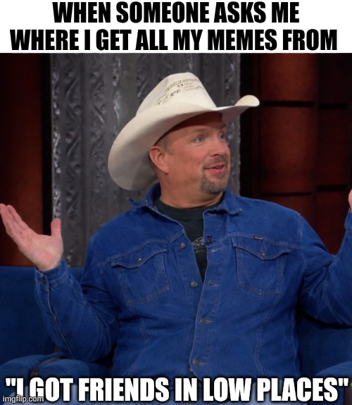 When Someone Asks Me | WHEN SOMEONE ASKS ME WHERE I GET ALL MY MEMES FROM; "I GOT FRIENDS IN LOW PLACES" | image tagged in chrisjoines1 | made w/ Imgflip meme maker