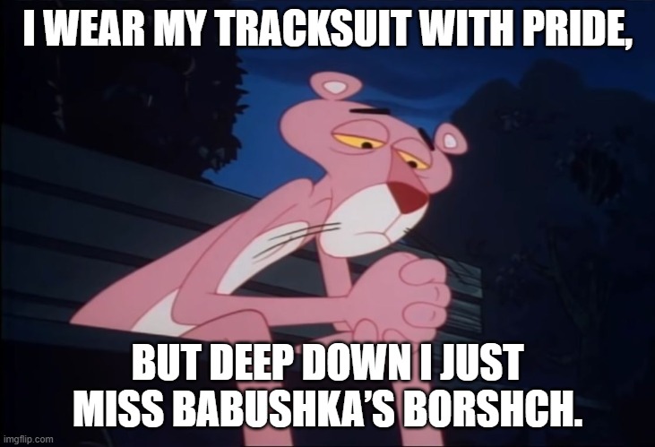 Sad Pink Panther | I WEAR MY TRACKSUIT WITH PRIDE, BUT DEEP DOWN I JUST MISS BABUSHKA’S BORSHCH. | image tagged in sad pink panther,slavic lives matter,black lives matter | made w/ Imgflip meme maker