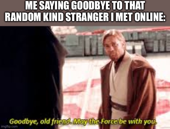 I didn’t even get their name | ME SAYING GOODBYE TO THAT RANDOM KIND STRANGER I MET ONLINE: | image tagged in goodbye old friend may the force be with you,gaming,so long partner,strangers,star wars,funny memes | made w/ Imgflip meme maker