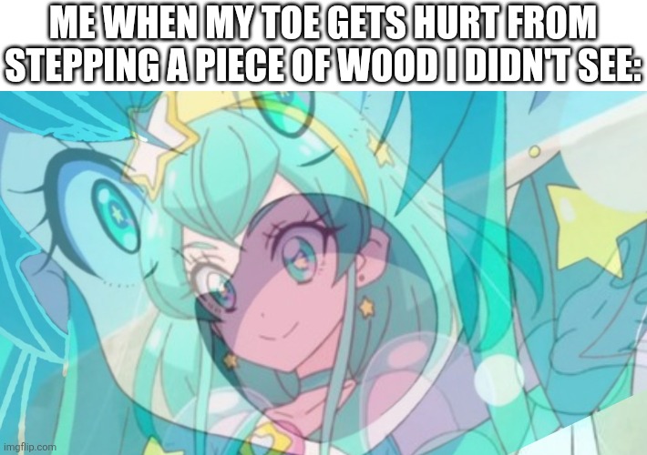 Milky is okay | ME WHEN MY TOE GETS HURT FROM STEPPING A PIECE OF WOOD I DIDN'T SEE: | image tagged in memes,precure,toes | made w/ Imgflip meme maker