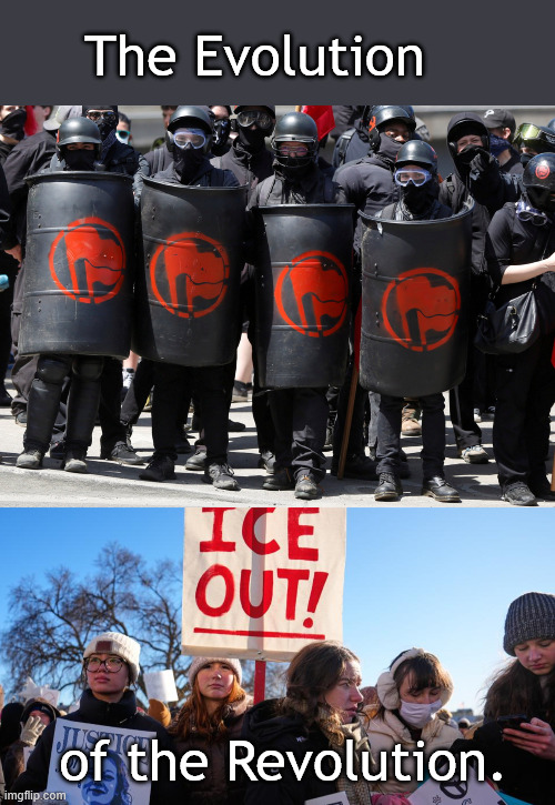 A bit of rebranding, but the endgame is still the same | The Evolution; of the Revolution. | image tagged in antifa troops | made w/ Imgflip meme maker