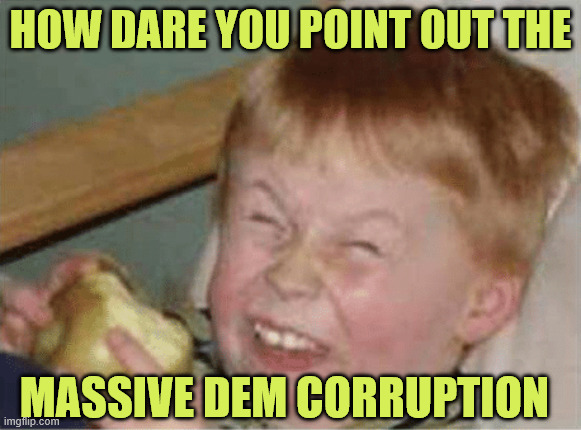 sour apple | HOW DARE YOU POINT OUT THE MASSIVE DEM CORRUPTION | image tagged in sour apple | made w/ Imgflip meme maker