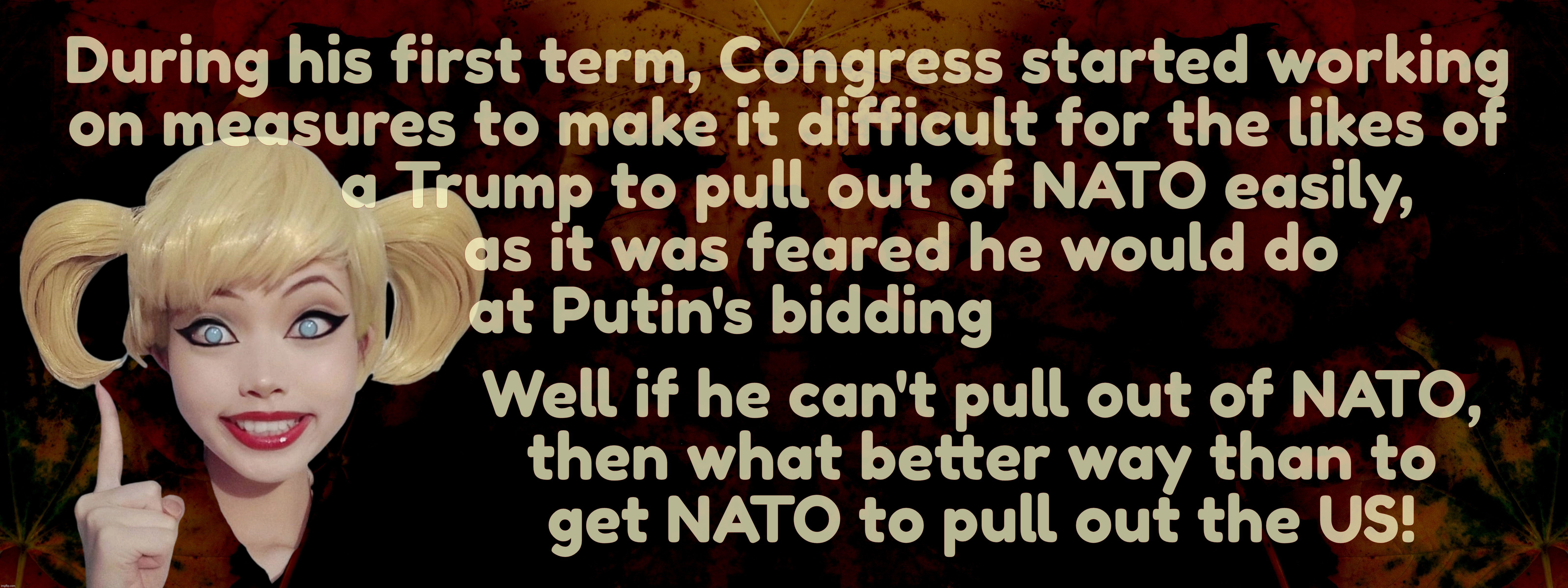 During his first term, Congress started working
on measures to make it difficult for the likes of
           a Trump to pull out of NATO easily,
              as it was feared he would do
at Putin's bidding; Well if he can't pull out of NATO,
then what better way than to
get NATO to pull out the US! | image tagged in harley quinn | made w/ Imgflip meme maker