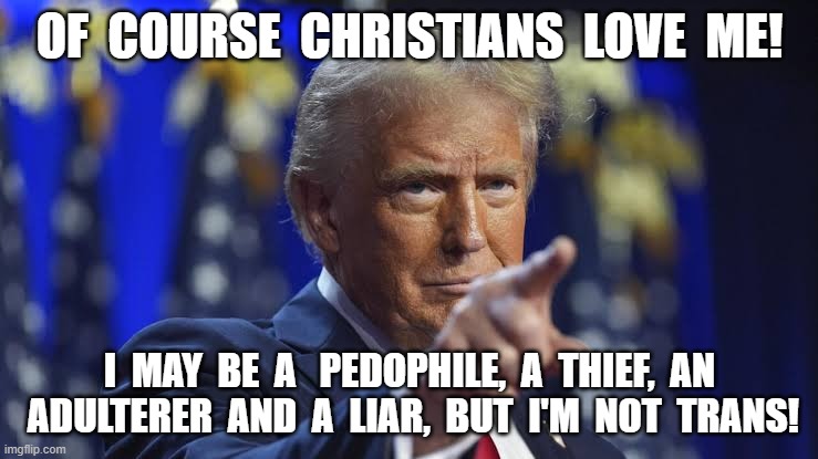 For the Love of God | OF  COURSE  CHRISTIANS  LOVE  ME! I  MAY  BE  A   PEDOPHILE,  A  THIEF,  AN  ADULTERER  AND  A  LIAR,  BUT  I'M  NOT  TRANS! | image tagged in maga | made w/ Imgflip meme maker