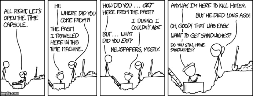 "Oh no, I changed the future and now I'm disappearing! Wait, never mind, it was just my hat slipping down over my eyes." | image tagged in time capsule,beret,guy,time machine,adolf hitler,sandwiches | made w/ Imgflip meme maker