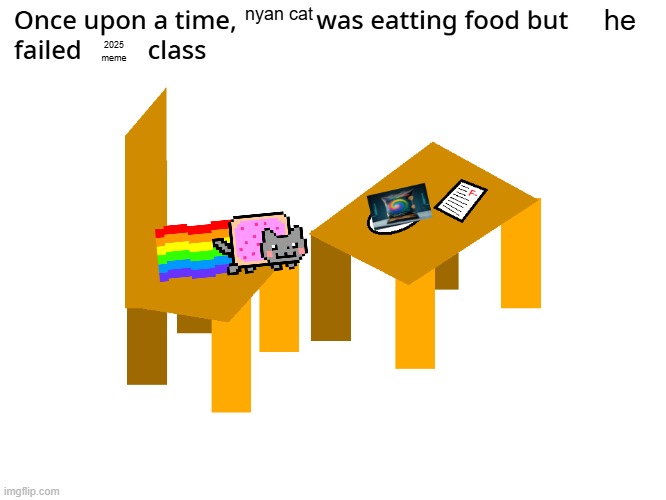 sample meme: x was eating food but y failed z class | nyan cat; he; 2025
meme | image tagged in x was eating food but y failed z class | made w/ Imgflip meme maker