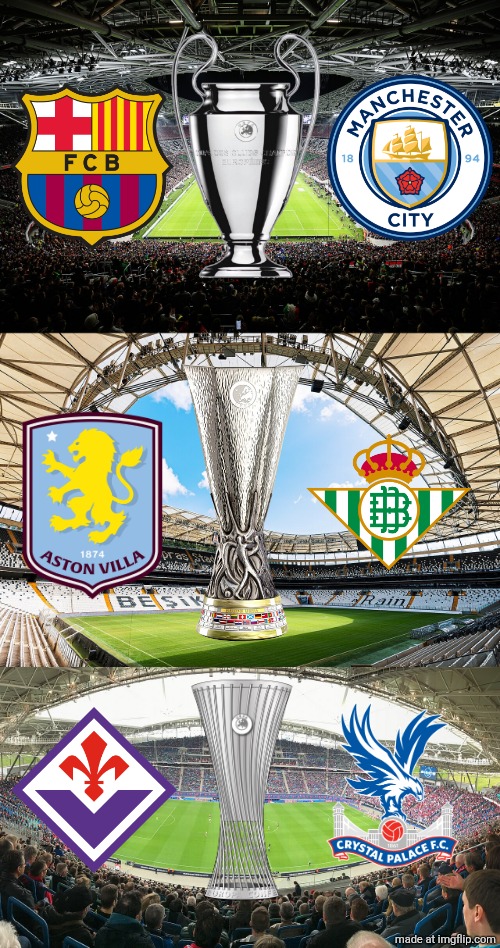 UPDATE! UEFA Club Competitions (CL,EL,ECL) Finals 2025/2026 NEW PREDICTION (since MD7) | image tagged in champions league,europa league,conference league,barcelona,manchester city,sports | made w/ Imgflip meme maker