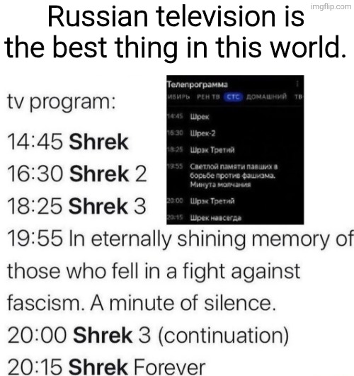 Russian television is the best thing in this world. | image tagged in memes,funny,funny memes,meme,shrek | made w/ Imgflip meme maker