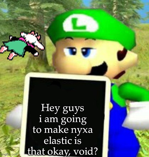 Luigi holding a sign | Hey guys i am going to make nyxa elastic is that okay, void? | image tagged in luigi holding a sign | made w/ Imgflip meme maker