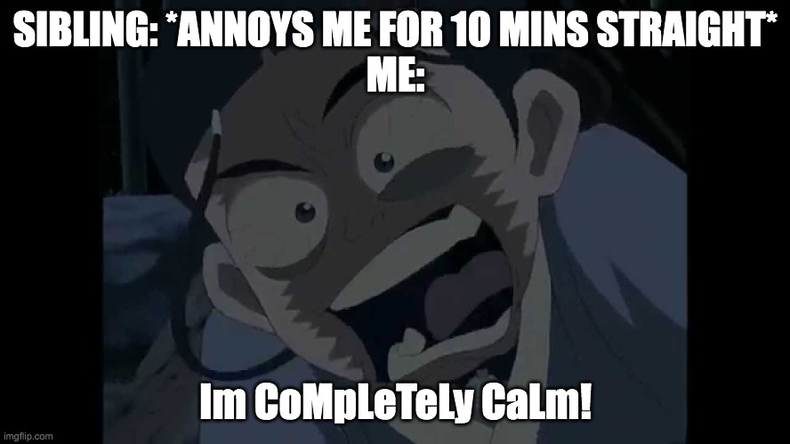 siblings. | SIBLING: *ANNOYS ME FOR 10 MINS STRAIGHT*
ME:; Im CoMpLeTeLy CaLm! | image tagged in i'm completely calm,siblings | made w/ Imgflip meme maker