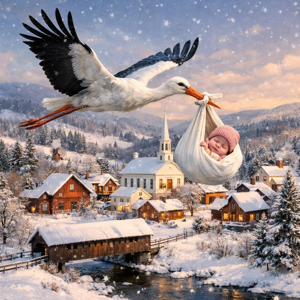 stork flying with a newborn baby over a snowy Vermont village Blank Meme Template
