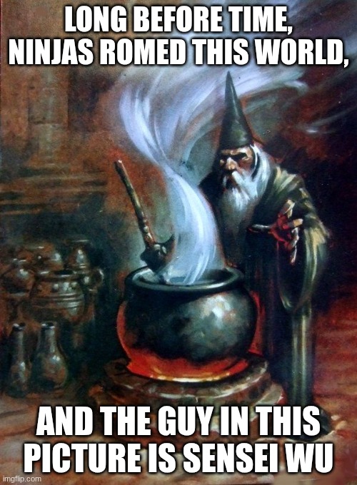 NINJAAAAAAAAAAAAAA | LONG BEFORE TIME, NINJAS ROMED THIS WORLD, AND THE GUY IN THIS PICTURE IS SENSEI WU | image tagged in wizard cauldron | made w/ Imgflip meme maker