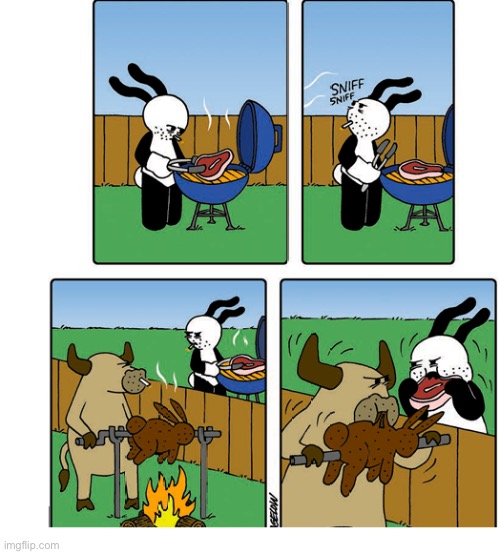 Buni Comics | image tagged in comics,buni comics,grill,bull,rabbit,meat | made w/ Imgflip meme maker