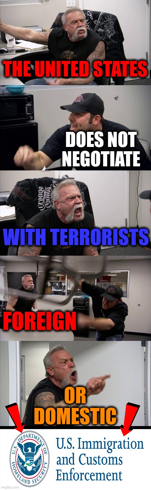 Domestic Terrorists | THE UNITED STATES; DOES NOT NEGOTIATE; WITH TERRORISTS; FOREIGN; OR DOMESTIC | image tagged in memes,american chopper argument,impeach trump,domestic terrorism,lock him up,maga | made w/ Imgflip meme maker
