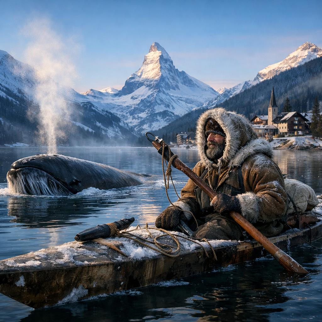 Arctic whale hunter on Swiss lake Blank Meme Template