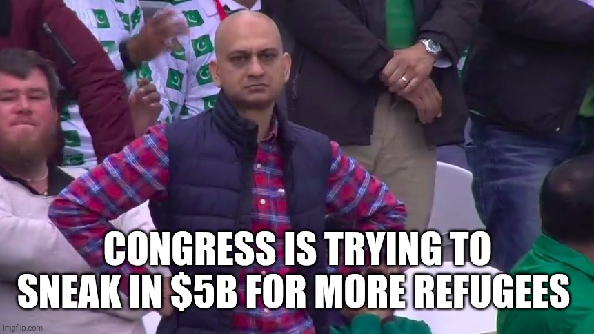 Disappointed Muhammad Sarim Akhtar | CONGRESS IS TRYING TO SNEAK IN $5B FOR MORE REFUGEES | image tagged in disappointed muhammad sarim akhtar | made w/ Imgflip meme maker