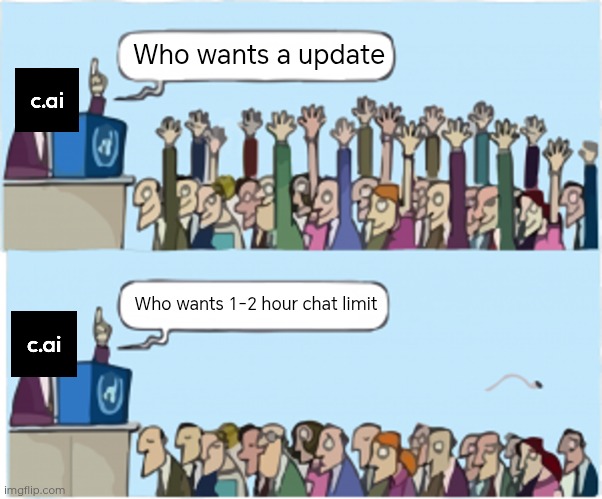 Chat limit was the worst update | Who wants a update; Who wants 1-2 hour chat limit | image tagged in who wants change,character ai,update,oh god why,bruh | made w/ Imgflip meme maker