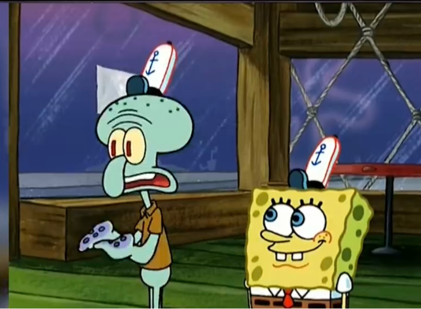 Squidward confused and Spongebob smiling Blank Meme Template
