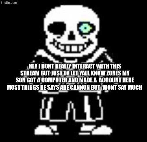 Sans Bad Time | HEY I DONT REALLY INTERACT WITH THIS STREAM BUT JUST TO LET YALL KNOW ZONES MY SON GOT A COMPUTER AND MADE A  ACCOUNT HERE MOST THINGS HE SAYS ARE CANNON BUT  WONT SAY MUCH | image tagged in sans bad time | made w/ Imgflip meme maker