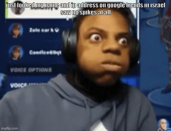 its because I'm Jewish chat :nerdemoji: | just looked my name and ip address on google trends in israel
saw no spikes at all | image tagged in speed blowing | made w/ Imgflip meme maker