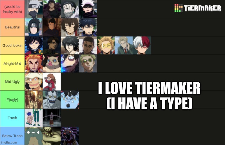 Sensible, right? | I LOVE TIERMAKER (I HAVE A TYPE) | image tagged in tier list,anime | made w/ Imgflip meme maker