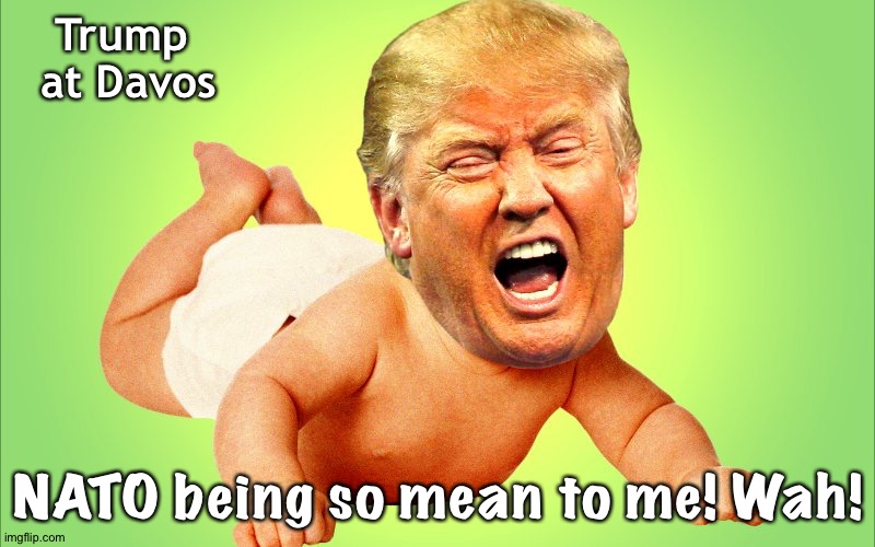 Having whine with his Swiss cheese | Trump 
at Davos; NATO being so mean to me! Wah! | image tagged in baby trump | made w/ Imgflip meme maker