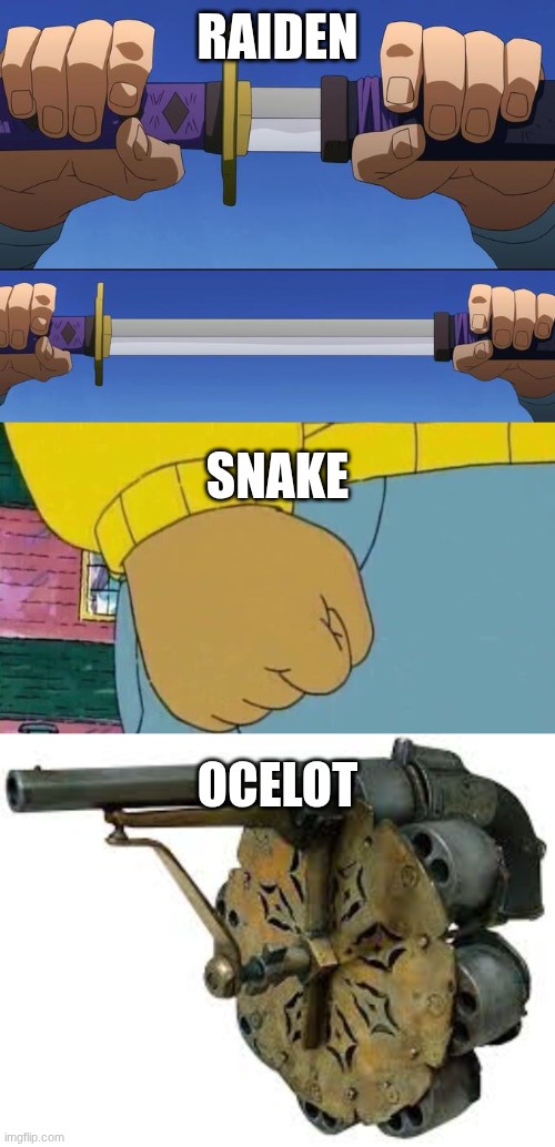 why is the only person who uses a gun in metal gear named after a literal cat | RAIDEN; SNAKE; OCELOT | image tagged in unsheathe sword,memes,arthur fist,48 shot revolver | made w/ Imgflip meme maker